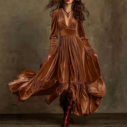 Women High Waist Swing Maxi Pleated Long Sleeved Sexy Velvet Dress V Neck