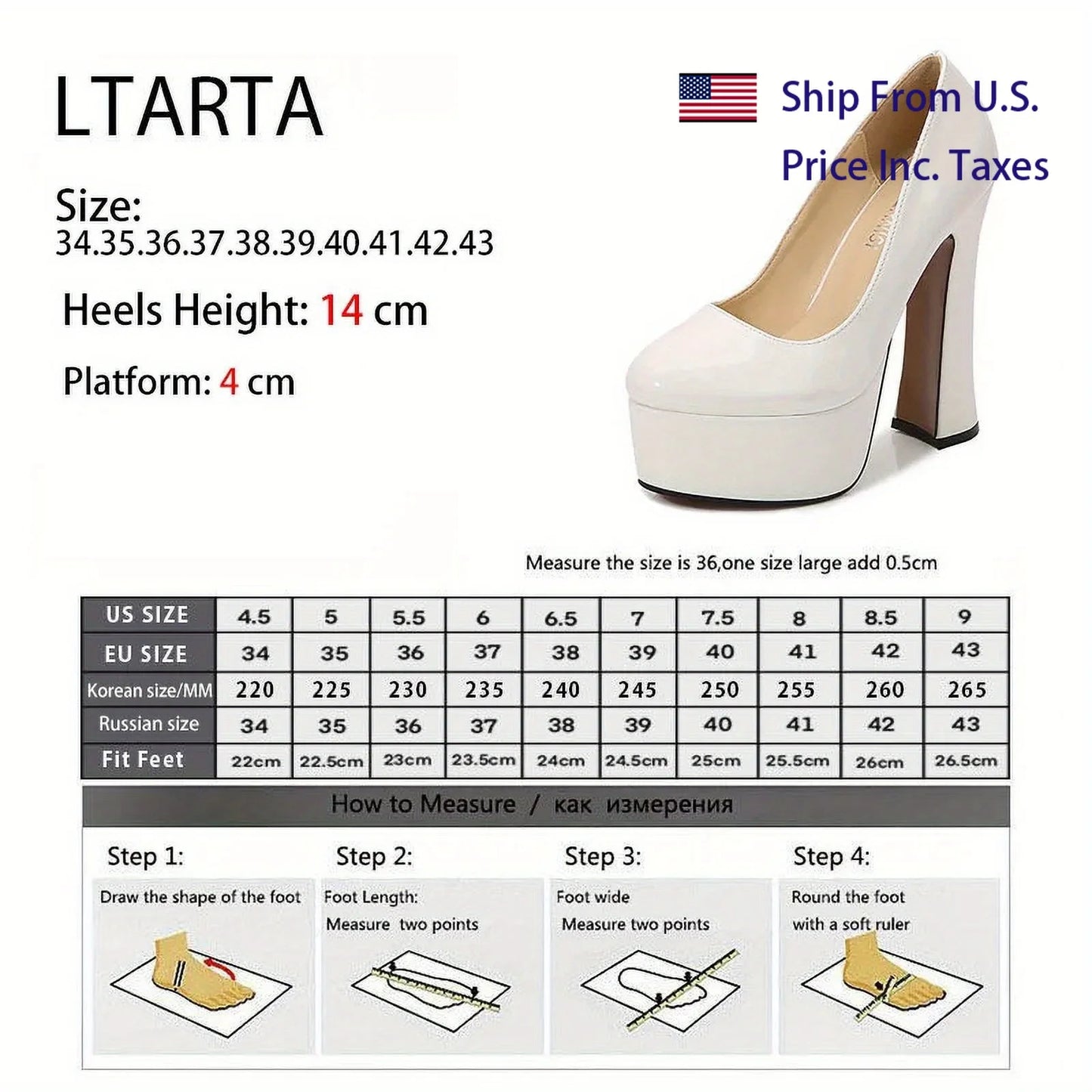 [US Local Send Inc Tax]Women's Chunky High Heels Round Toe Pumps 14cm Heel 4cm Platform WZ