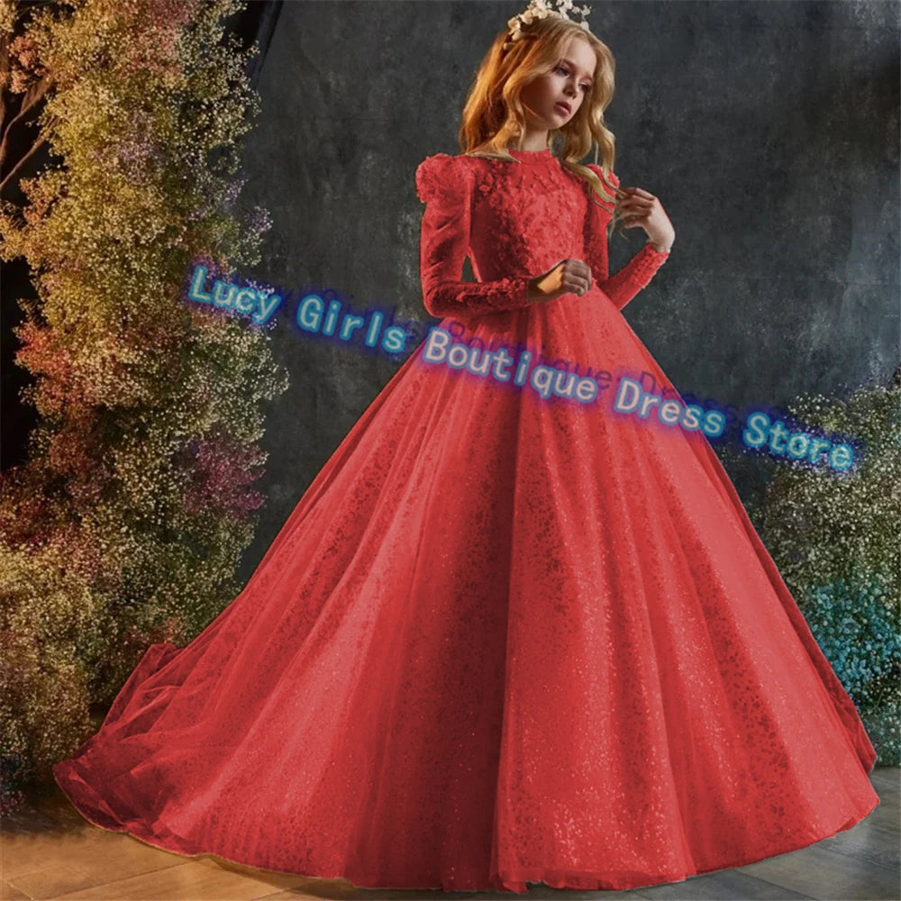 Luxury Sequins Flower Girl Dress For Wedding Party Baptism Birthday Gowns Tulle High Neck