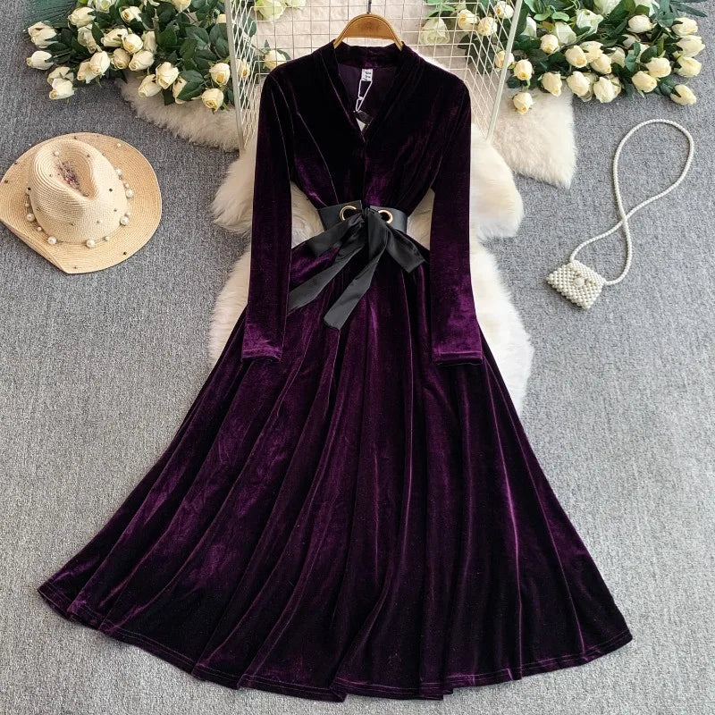 Women Winter Elegant Velvet Dress Evening Party Long Dress
