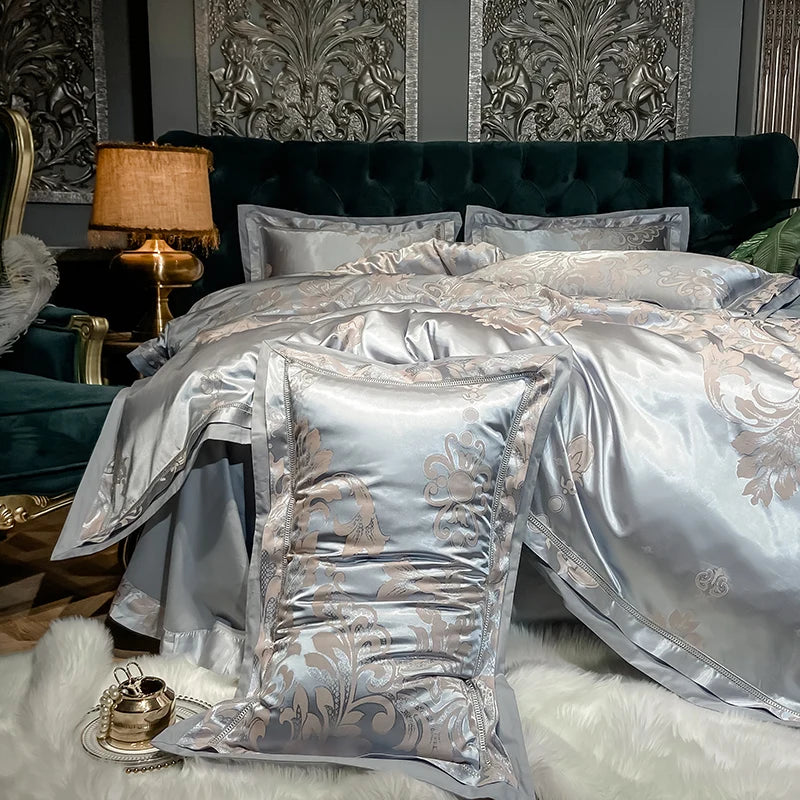 Soft Satin Jacquard Cotton Bedding Set, Luxury Duvet Cover, Blue, Gold, Gray, Queen, King Bed Sheet, Pillowcases, Home Textiles