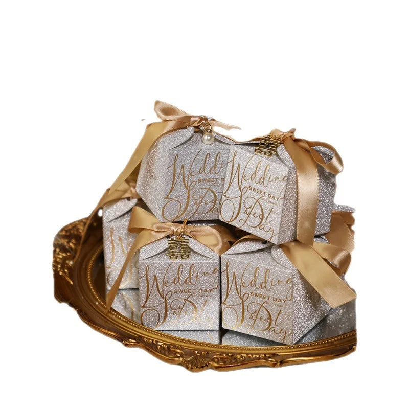 New Wedding Candy Box With Pearl Ribbon Bow High-End Gift Chocolate Box High Quality Glitter Powder Shell Gift Box