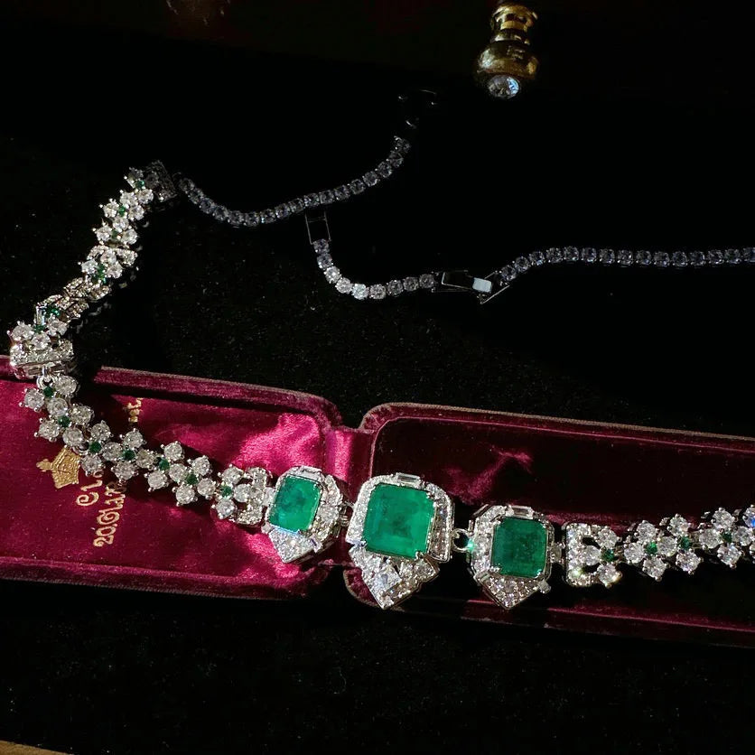 Women Colombian caviar emerald green necklace, earring bracelet zircon plated 18K gold