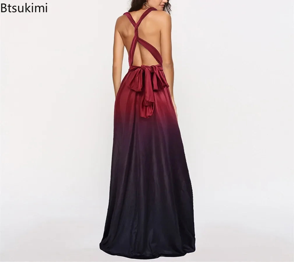 Multicolor Color Maxi Dress for Women Wrap Convertible Cross Bandage Sexy Backless
