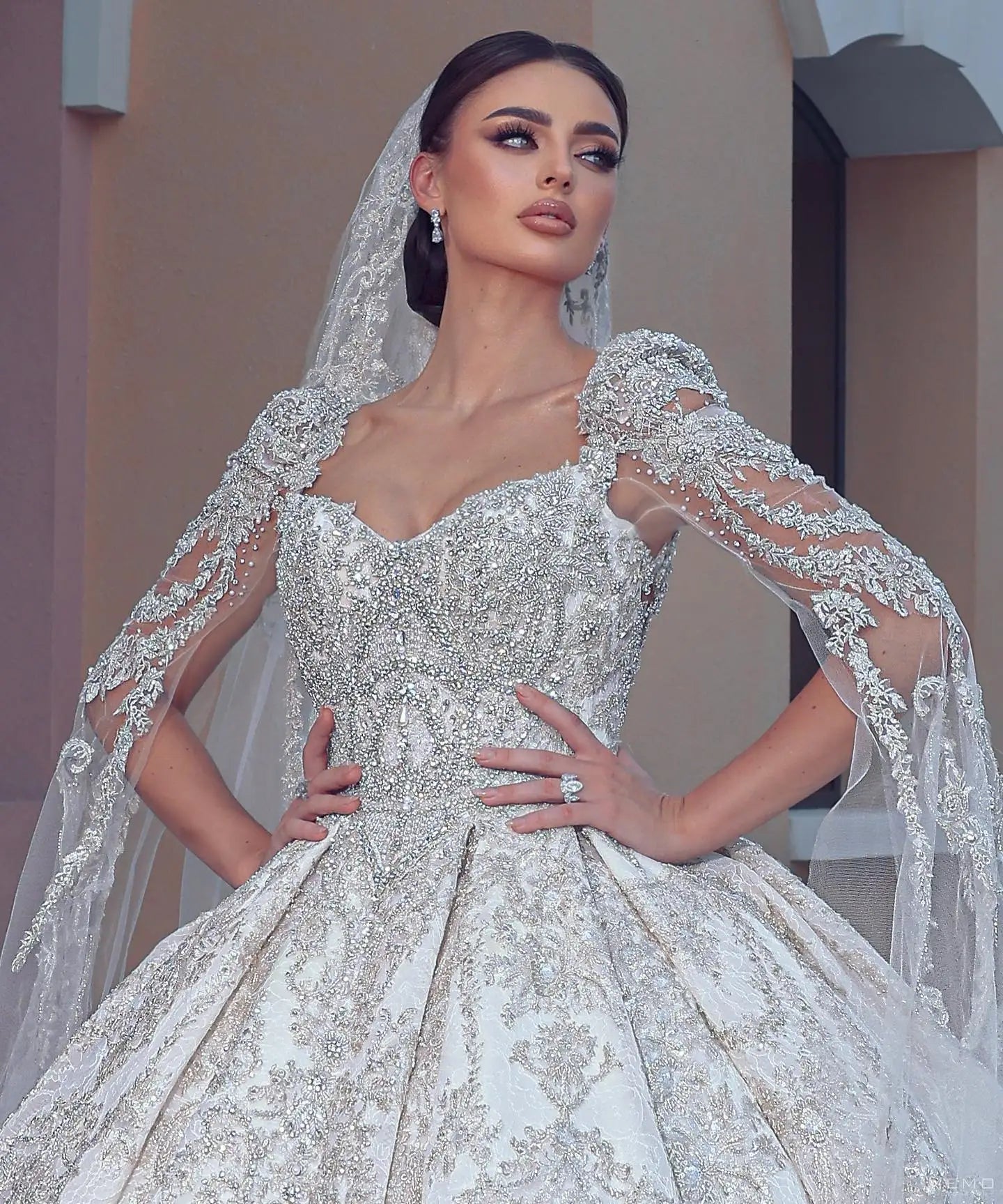 Elegant Custom-made Wedding Dress with Rhinestones Lace Long Sleeve Sweetheart Cathedral Train Floor-Length Ball Gown