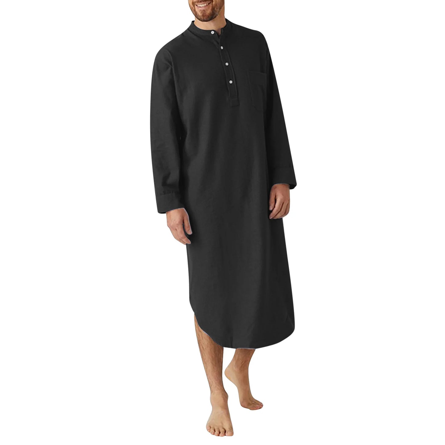 Men's Comfortable Cotton Button-down Sleep Robe Solid Color Stand Neck Long Sleeve Nightgown