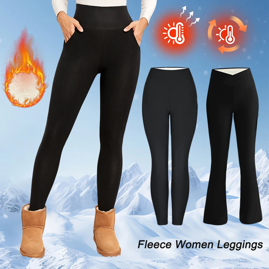 Winter Thermal Fleece Tommy Control Women Leggings Thick Flared Pants High-Waisted