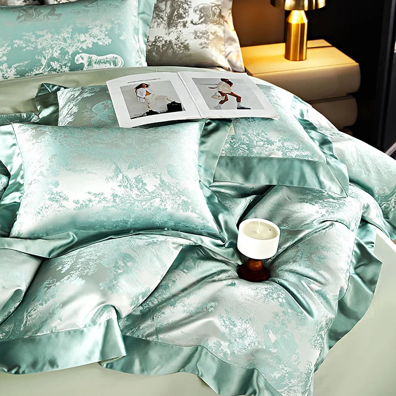 4/6Pcs Luxury Beige Gold Brocade Jacquard Egyptian Cotton Bedding Set Duvet Cover Flat/Fitted Bed Sheet Pillowcases