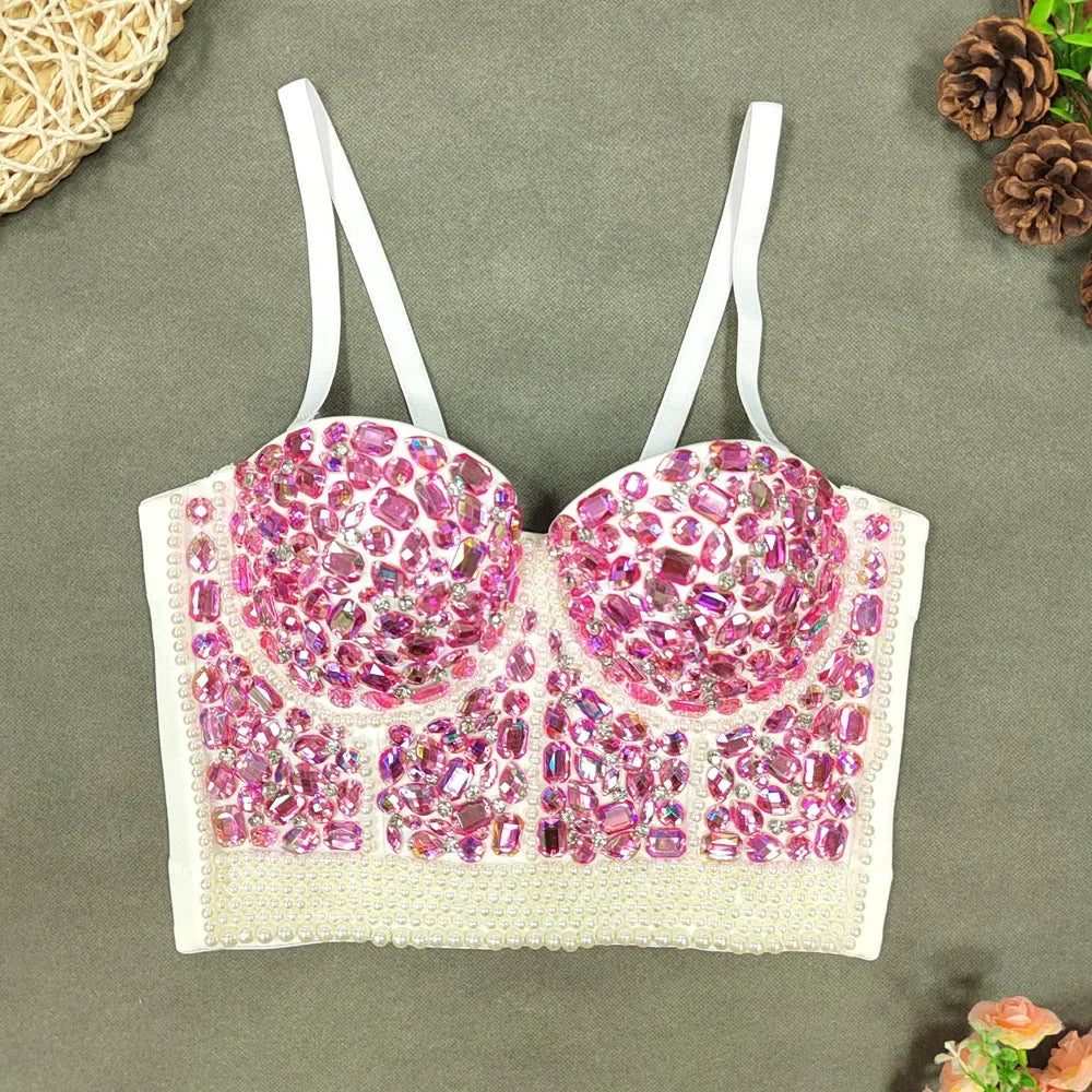 Women Rhinestone Diamond Tank Top Push Up Bustier Camisole Sequin