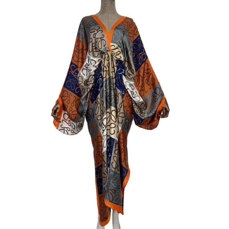 Sexy Silk Long Maxi Robe Women V-neck Bohemian Dress