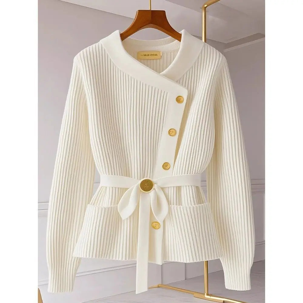 Autumn/Winter Women Outfit White Skirts Knitted Cardigan Sweater A-line Long Skirt Two Piece Set