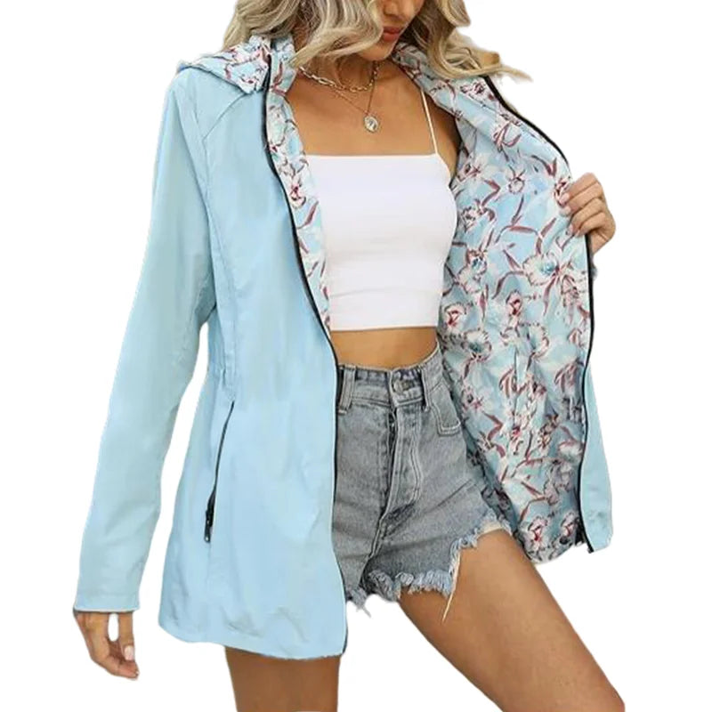Women's Autumn Hooded Reversible Printed Jacket Casual Coat with Pockets S-2XL
