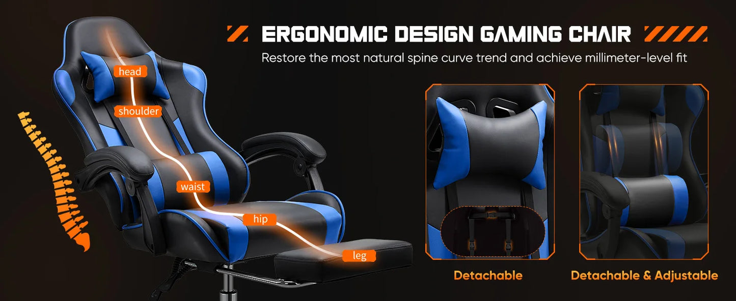 Ergonomic Racing Gaming Chair Adjustable Swivel PU Leather with Headrest and Lumbar Support