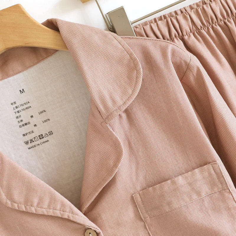 Comfortable Cotton Couples Pajamas Set for Autumn Color Woven Loose Long Sleeved Pants