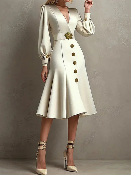 Formal Midi Elegant Evening Dresses Autumn Puff Sleeves Tied Waist V-Neck