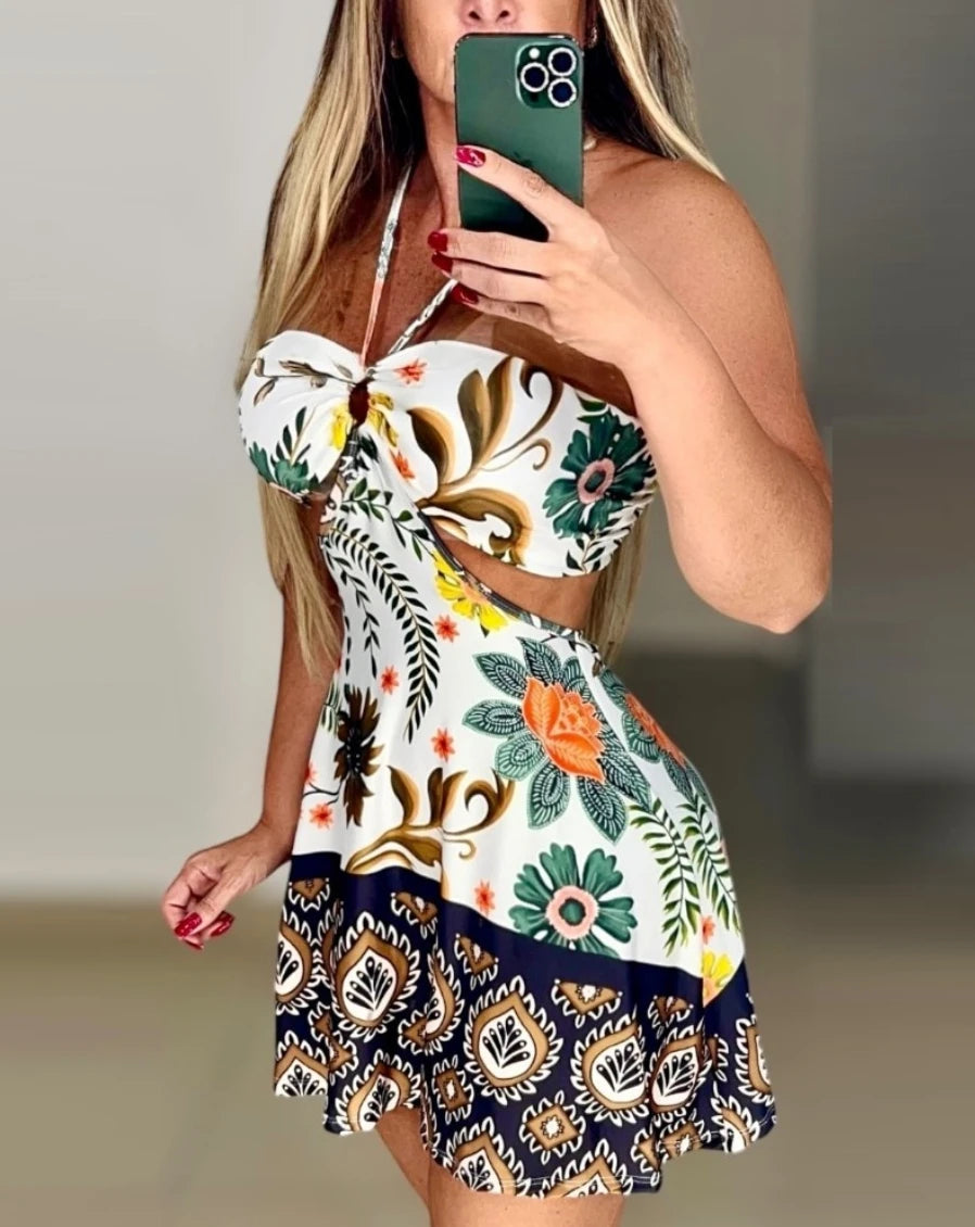 Floral Print Halter Neck Cutout Mini Dress Beach Vacation Cover Up