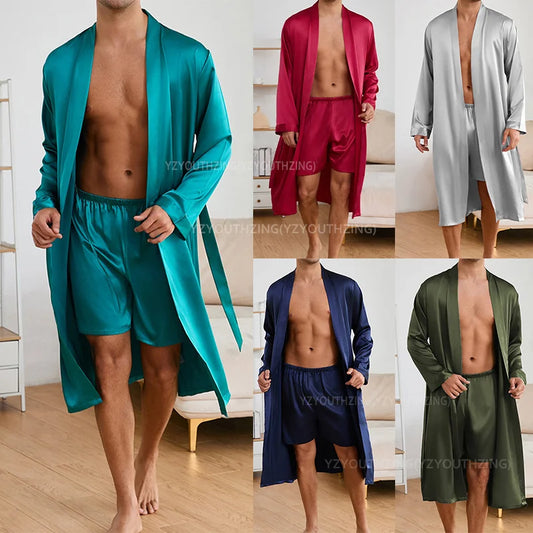Solid Color Sleep Wear Set Men Silky Nightwear Kimono
