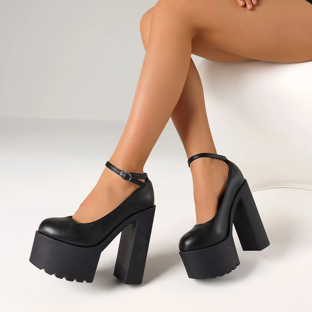 Women Elegant Chunky High Heel Pumps Round Toe Ankle Strap Comfy Platform Shoes