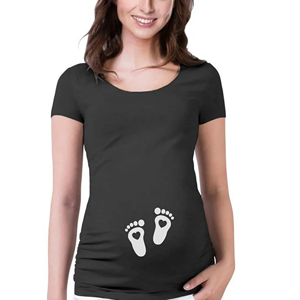 Apparel Shirt Heart Women Graphic Maternity Tops Print Short Baby T-shirt Cartoon Feet Sleeve Maternity Tops and Blouses Lace