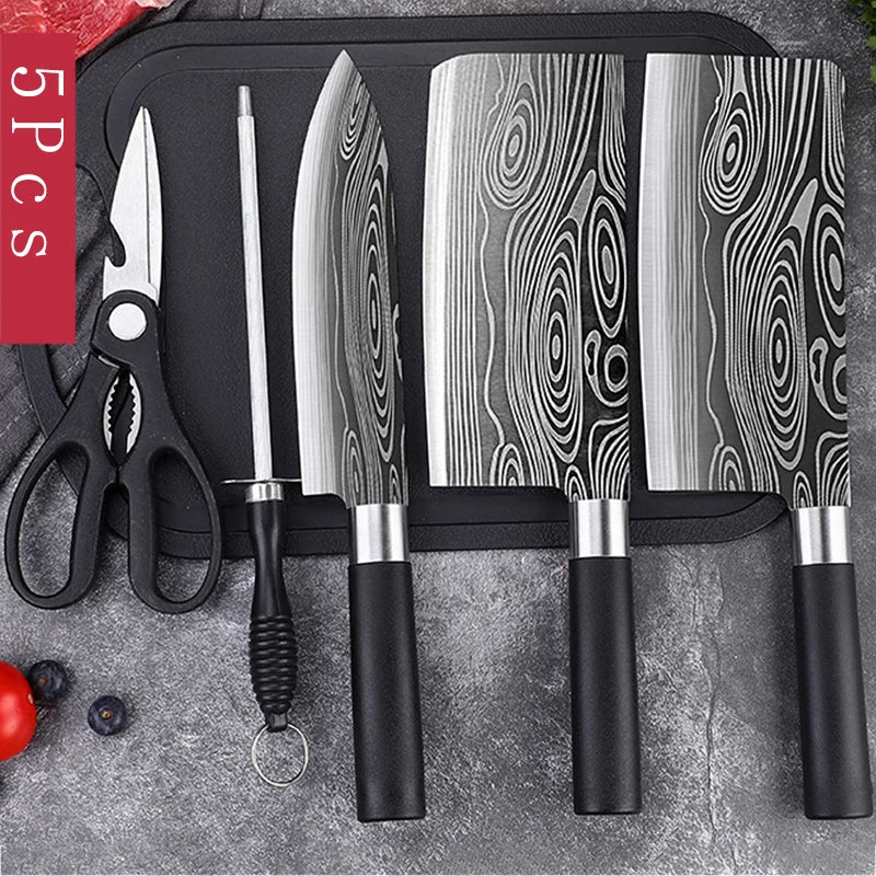Damascus Kitchen Utility Set Knives Scissors Sharpening Rod Slicing Chef knife Stainless Steel