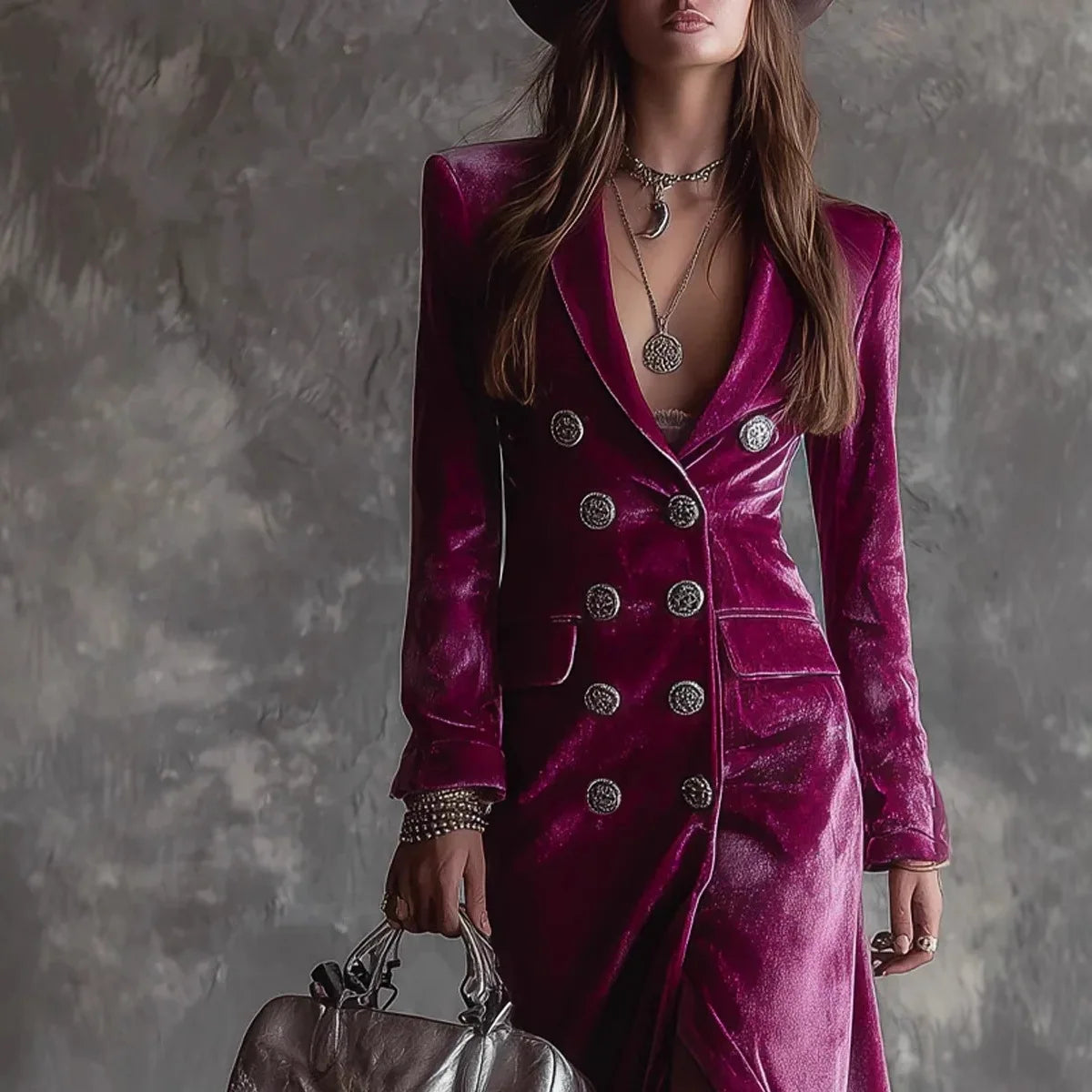 Elegant Women Velvet Lapel Double Breasted Long Sleeve Slit Midi Dress Autumn Winter Solid Color Slim Fit