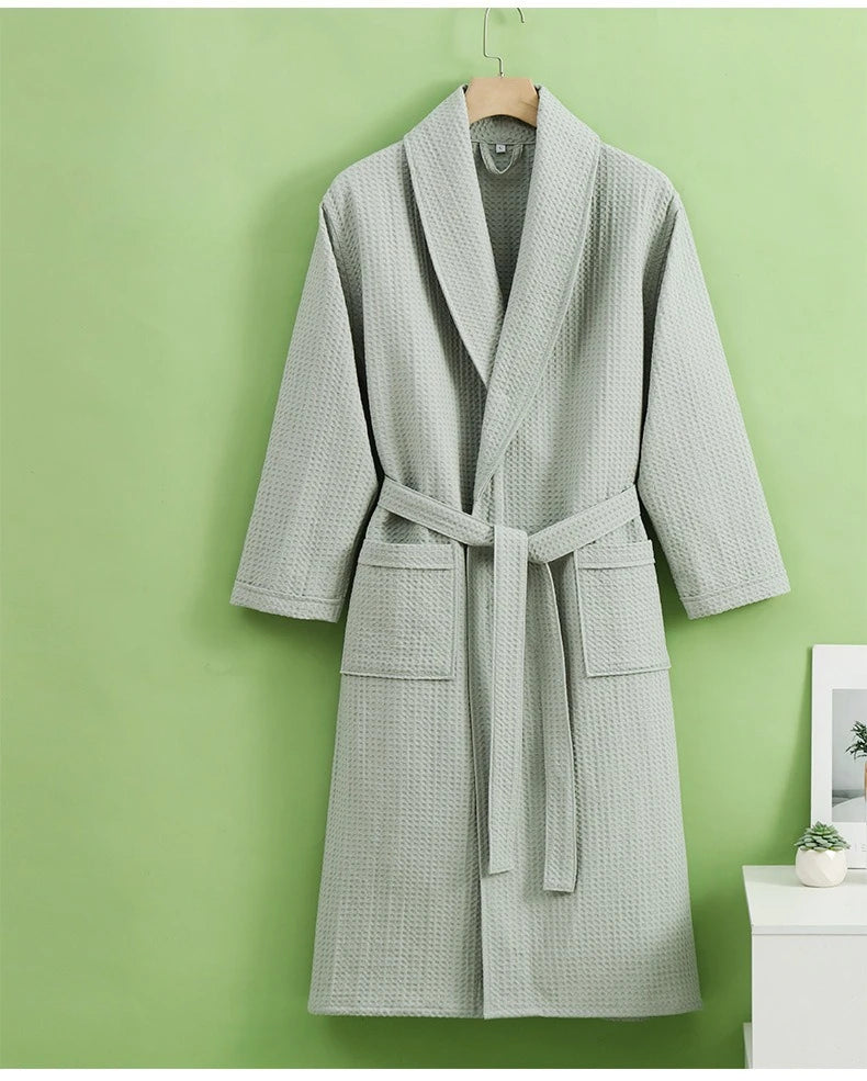 Solid Color Cotton Spring and Autumn Waffle Couples Mid-long Yukata Bathrobe Homestay Hotel Couple Soft Bathrobes