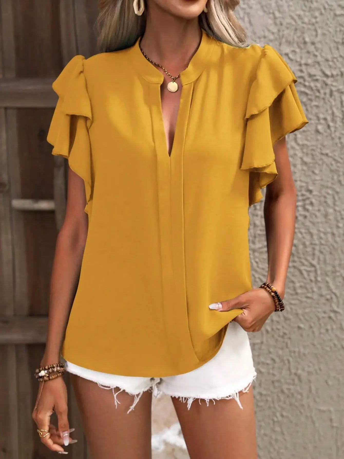 Elegant Women Summer Blouse V-neck Casual Double Layered Ruffle Sleeves