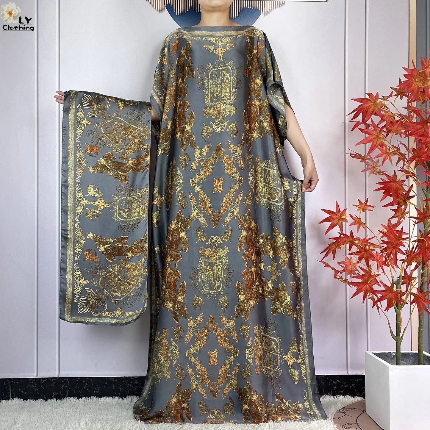 Women Printed Silk Soft Loose Maxi Party Dresses With Belt Turban