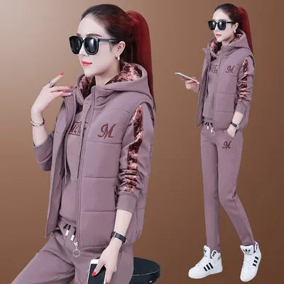 Thickened Fleece Women's Sweatshirt Set Three-piece Casual Sportswear Warm Autumn Winter Plus Size