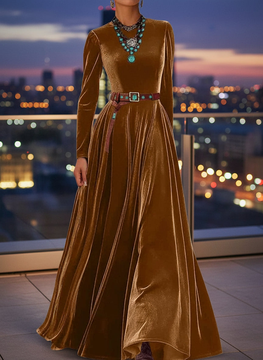 Spring Autumn O Neck Solid Chic Maxi Women Dress Long Sleeve Party Dress