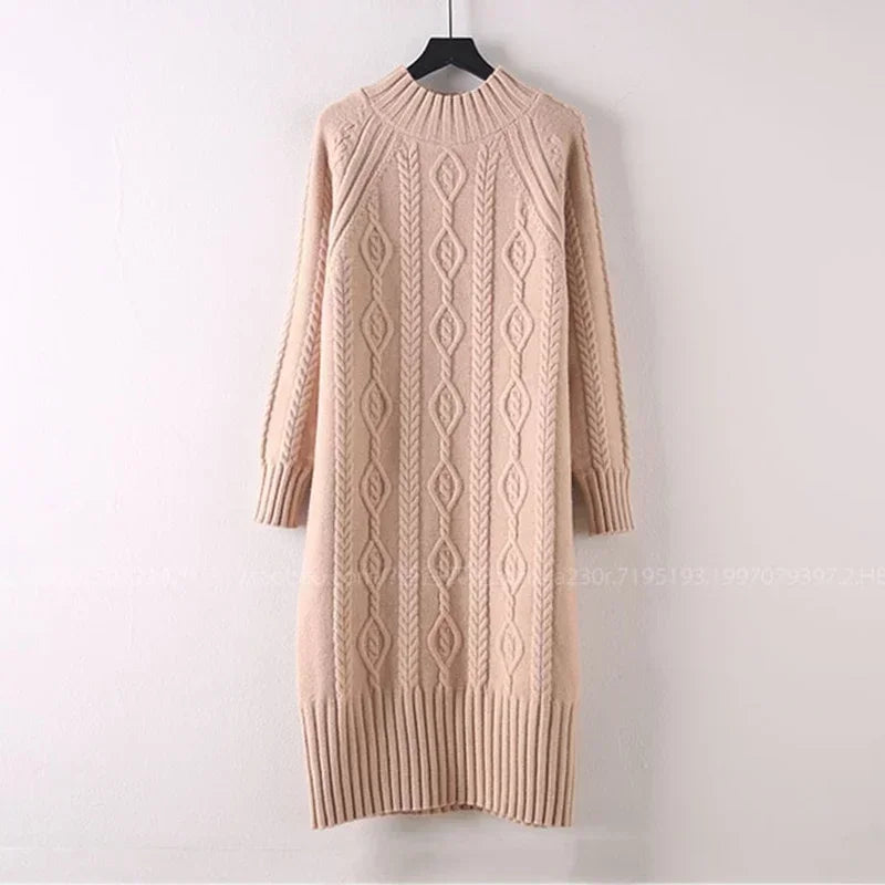 Women Winter Thicken Plus Velvet Sweater Dress Mock Neck Rib Knit Midi With Coats
