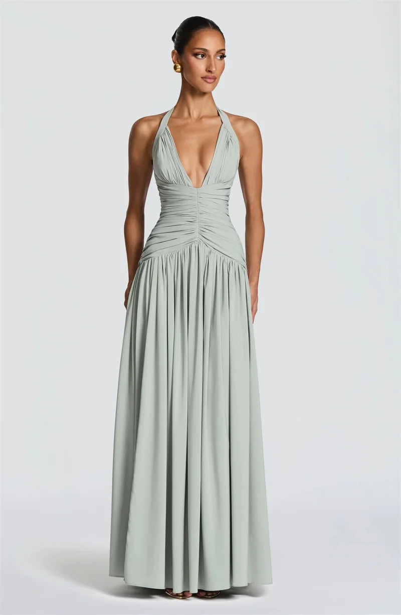Elegant Halter Deep V Neck Sexy Maxi Women Dress Off-shoulder Sleeveless