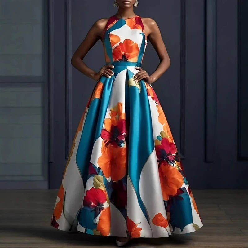 Sexy Sleeveless Floral Hem Long Gown High Waist O Neck Maxi Dress