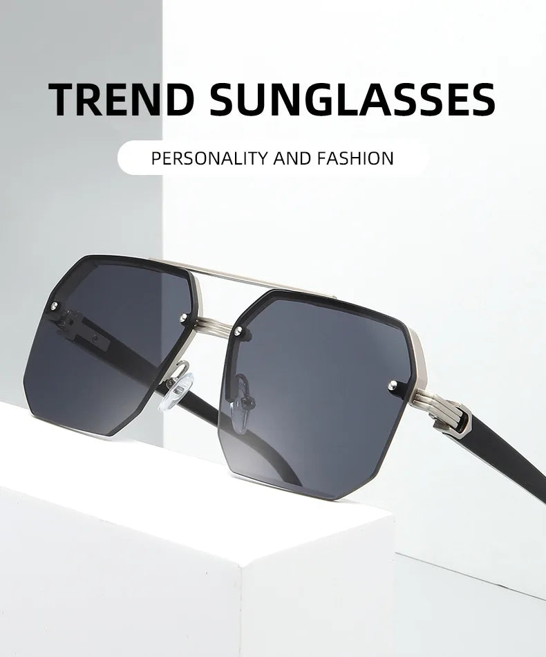 Trendy Aviator Sunglasses for Mens Womens Retro Double Bridge Metal Driving UV400 Outdoor Eyewear Semi-Rimless Lentes De Sol