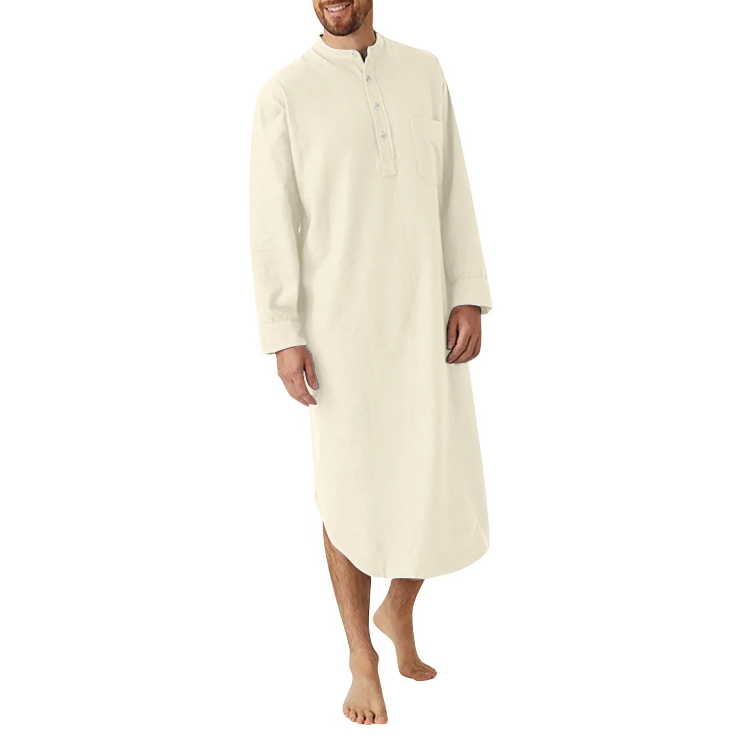 Men's Comfortable Cotton Button-down Sleep Robe Solid Color Stand Neck Long Sleeve Nightgown