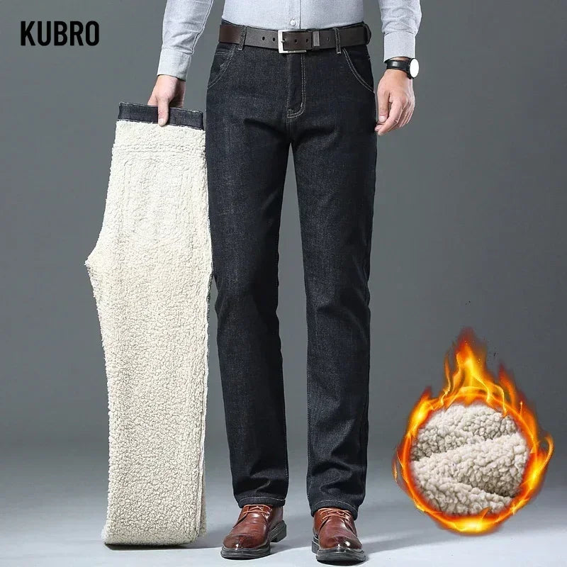 Brand Winter Warm Fleece Jeans Men's Thick Thermal Casual Straight Denim Pants Male Business Work Stretch Trousers