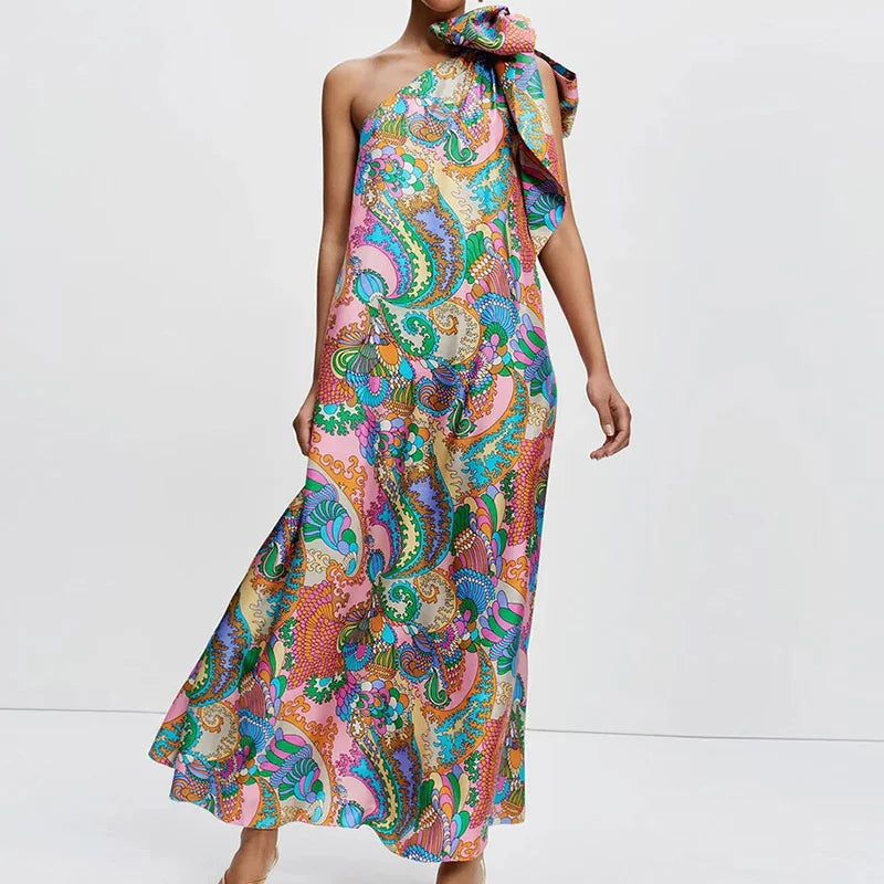 Summer Satin One-piece Robes Fashion Pattern Printed Skew Collar Halter Dress Elegant Off Shoulder Pleated Party Dress