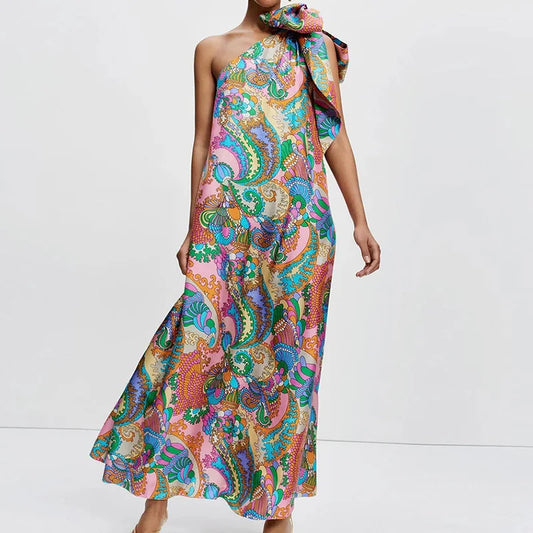 Summer Satin One-piece Robes Fashion Pattern Printed Skew Collar Halter Dress Elegant Off Shoulder Pleated Party Dress