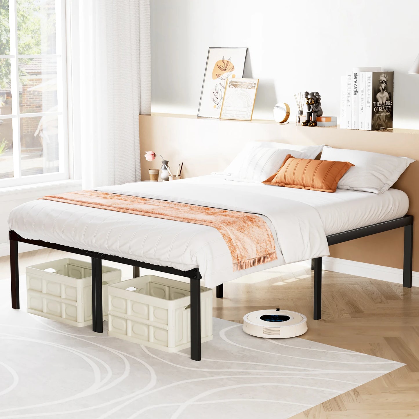 Basic Twin Full Queen King Size Bed Frame Metal Platform with Storage Space Sturdy Steel Slat Support 350LBS