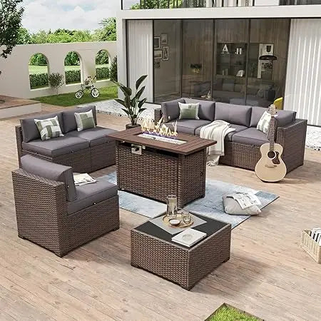 8 Piece Patio Furniture Set with 44” Fire Pit Table Wicker Rattan Outdoor Sectional Sofa Set with Coffee Table and Thickened Cu