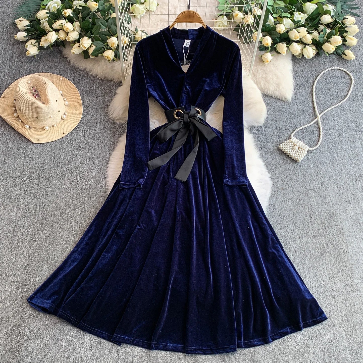 Women Winter Elegant Velvet Dress Evening Party Long Dress