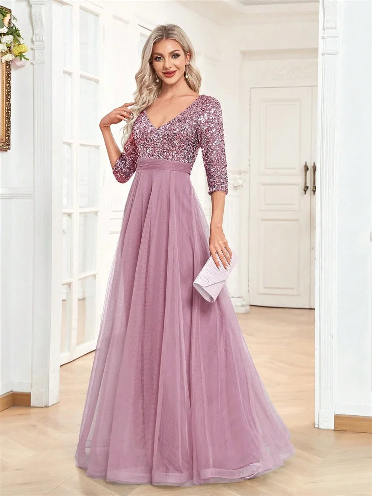 Luxury Floor Length V-Neck Evening Dress Party Maxi Dress Sequin Short Sleeves Prom Cocktail Gown