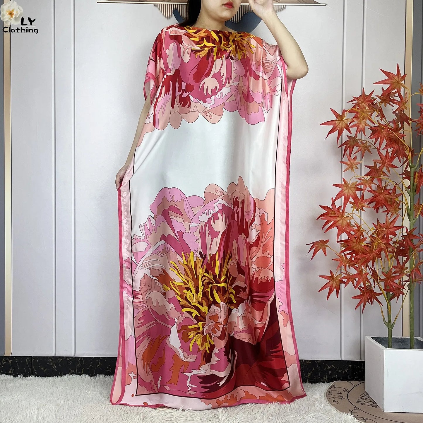 Women Printed Silk Soft Loose Maxi Party Dresses With Belt Turban