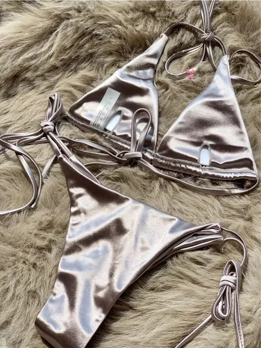 Wrap Around Halter Metallic Satin Bikini Women Swimwear Female Swimsuit Two-pieces Bikini Set Brazilian Bathing Suit Swim Lady