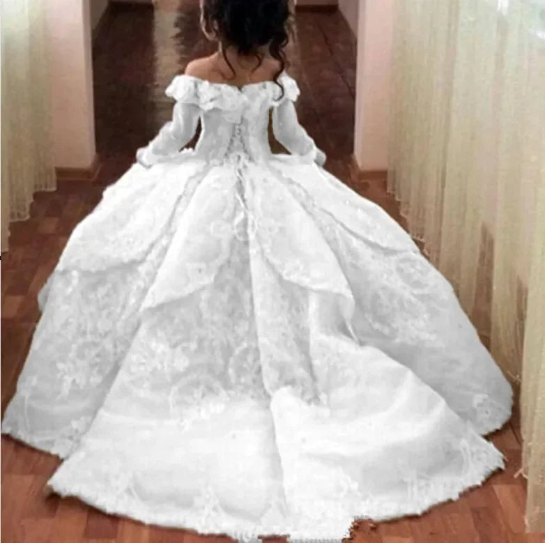 Elegant Toddler Full Sleeves Princes Gown Lace Flower Girl Dresses Sheer Flower Girl First Communion Princess Pageant