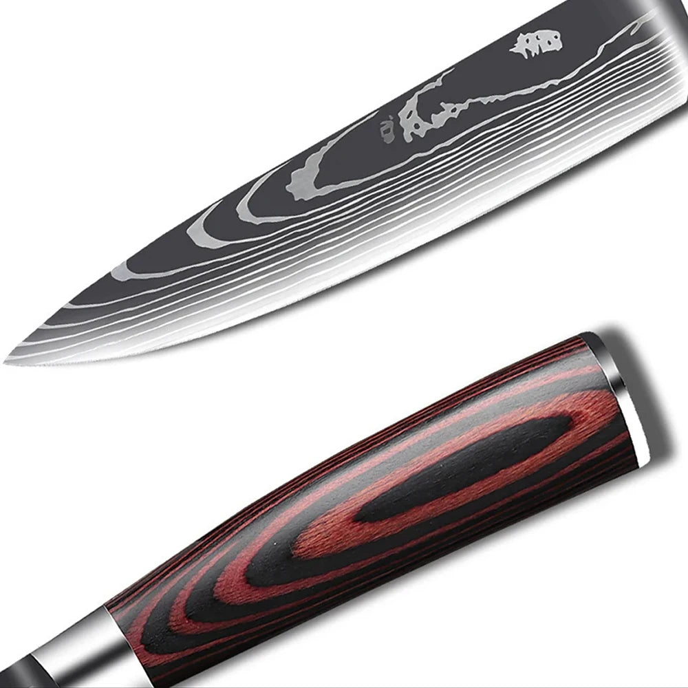 Damascus Laser Steel Kitchen Chef Knives with Shear Cutter and Wooden Handle