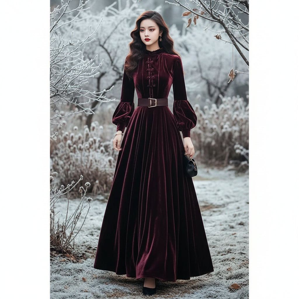 Autumn/Winter Women's Purple Red Velvet Dress Velvet Evening Party Long Dress