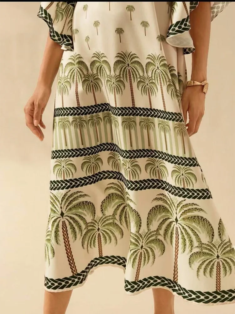 Women Summer Vintage Deep V Coconut Tree Print Flare Sleeve A-line Maxi Dress