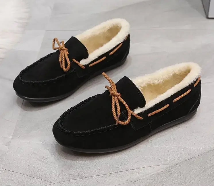 Women's Moccasins Soft Loafers Comfort Warm Plush Bow Slip on Cotton Shoes