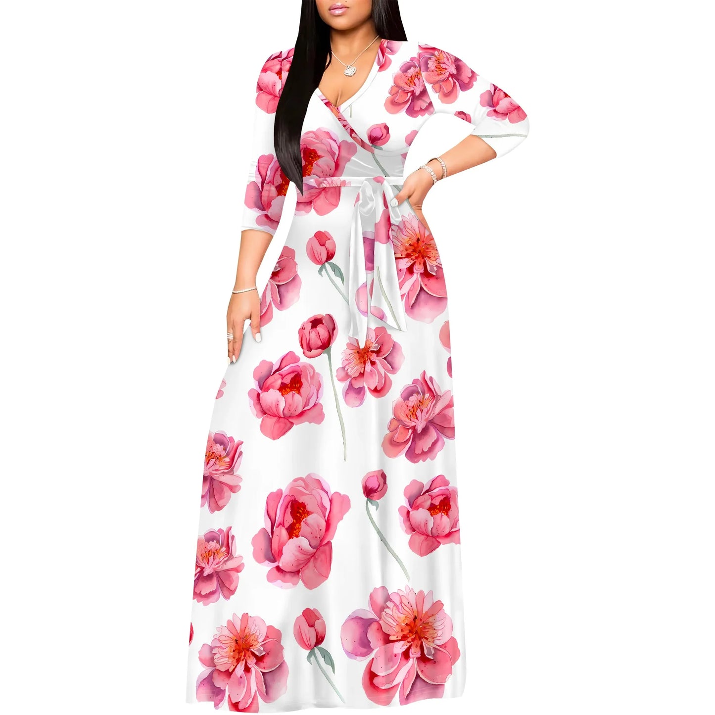 Romantic Floral Rose V-Neck 3/4 Sleeve Wrap Maxi Dress with Belt